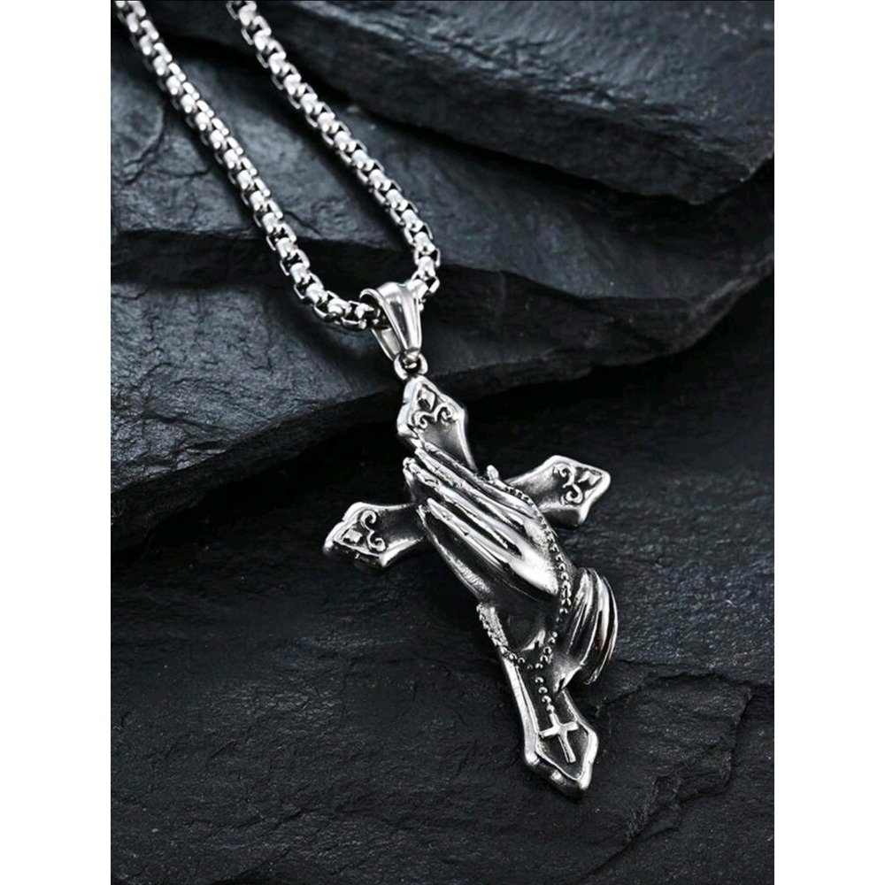 Mens Stainless Steel Praying Hands Cross Pendant Necklace Religious Jewelry